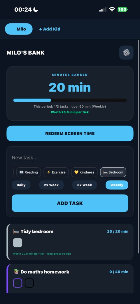 Screen Time Bank app screenshot