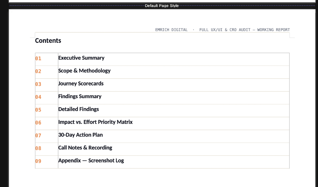 UX Audit Deliverable Table of Contents Preview
